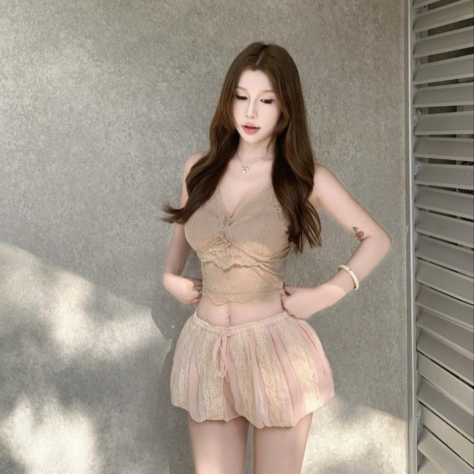 #Summer New Pure Desire Wind Lace Splicing Bow Sling Vest Slim One-piece with Chest Pad