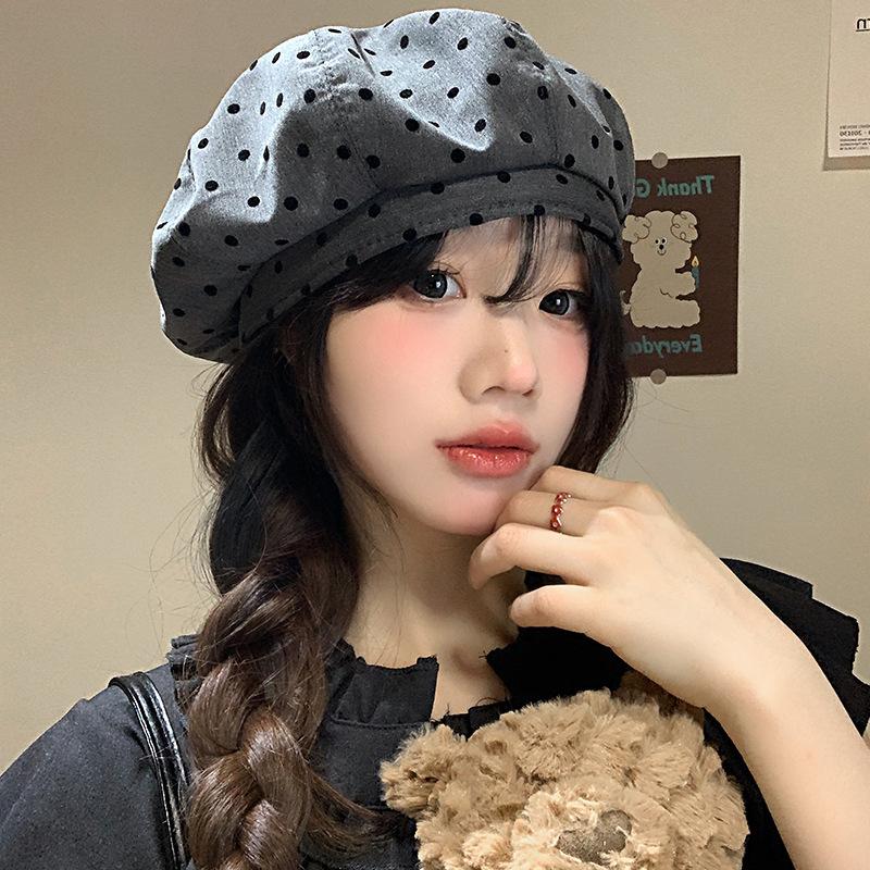 Korean Polka Dot Cloud Beret Female Spring Summer Big Head Circumference Retro Versatile Painter Hat Showing Face Small Bud Hat