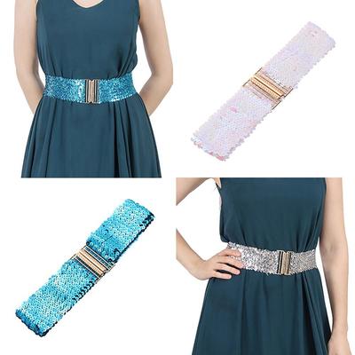 Elastic Sequin Stretch Belt Gold Buckle Wide Waist Belt Fashion Shinny Waistband  Dresses