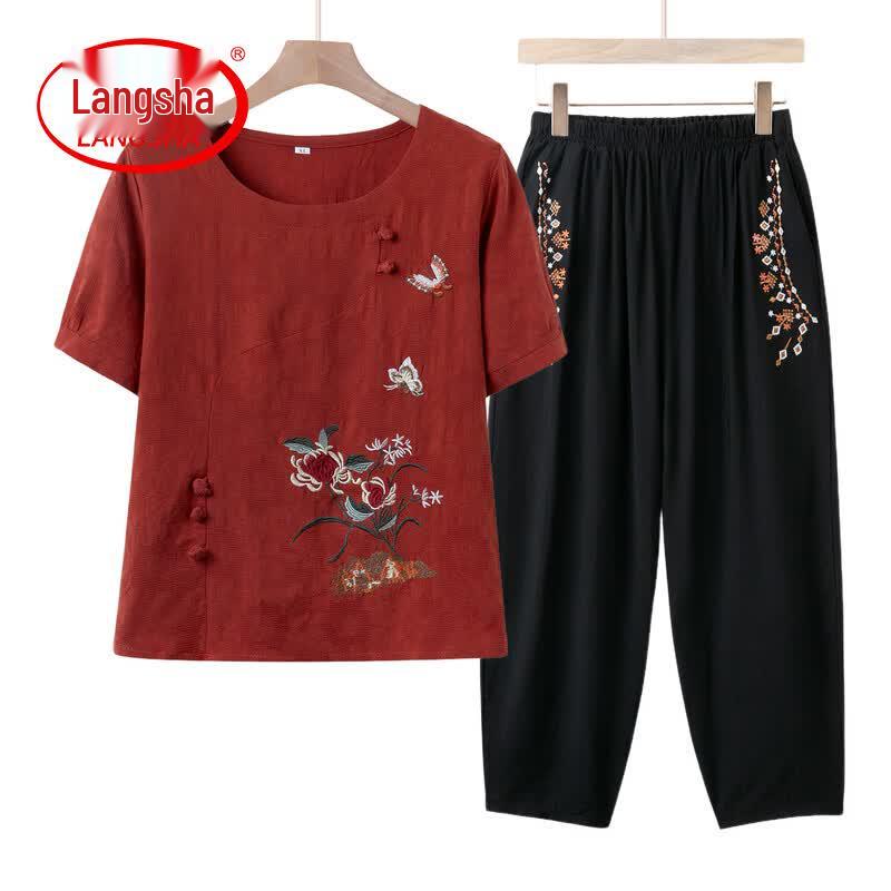 Lingsha Women s Chiffon Embroidered Short-Sleeve Top & Pants Set 4XL