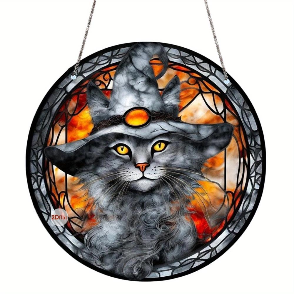 

2D плоский ретро Хэллоуин акриловый круглый кулон-ловец снов - узор летучей мыши/вороны/черного кота, украшение для окна, ужасающее украшение для дома в помещении и на улице 20CM