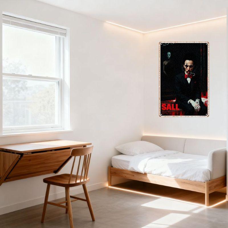 Gothic Horror Vintage Metal Tin Sign, Man In Black Suit with Red Makeup, Eerie Shadow Figure, 'SALL' Text, Retro Poster Wall Dec