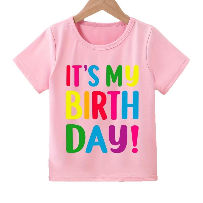 Today Is My Birthday Printed Childrens Roundneck Shortsleeved Tshirts and Casual Tops Girls Kids Clothes Modal Fabric