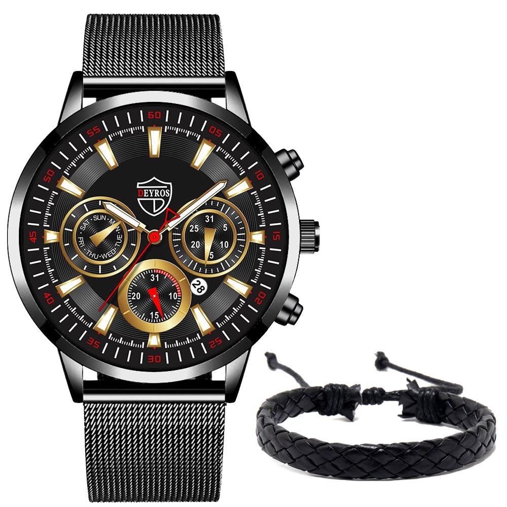 

2 шт./компл. модные мужские деловые часы, мужские наручные часы из нержавеющей стали с сетчатым ремешком, мужские повседневные кварцевые часы и браслет