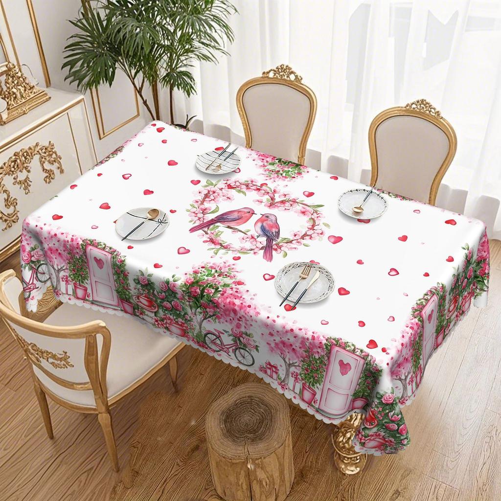 Pink Love Flower Bird Bicycle Round Tablecloth, Romantic Home Table Cloth, Restaurant Decoration