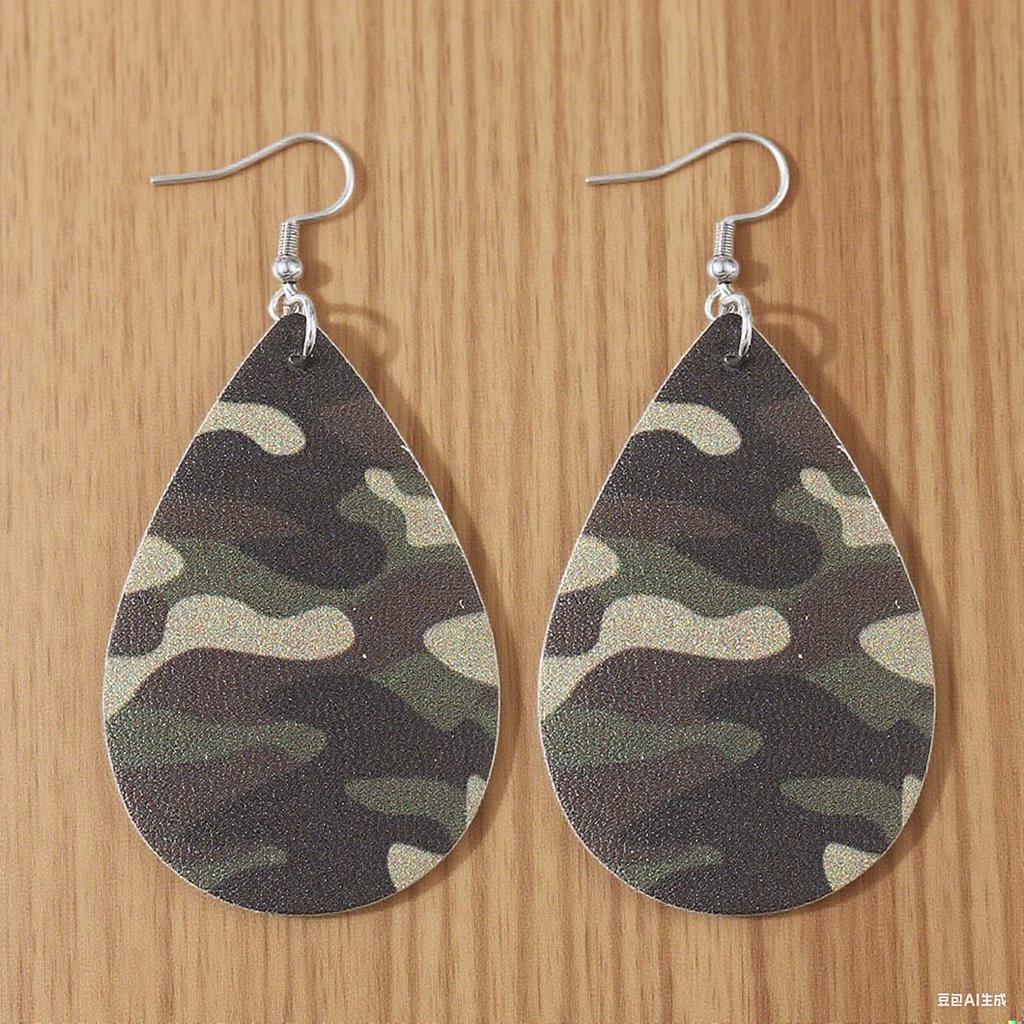 Cross-border new army green camouflage leather earrings, European and American retro exaggerated PU water drop-shaped leopard print earrings jewelry