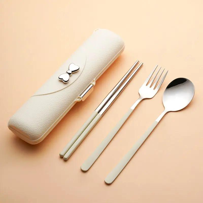 

3 шт. портативный набор столовых приборов из нержавеющей стали с ящиком для хранения металлическая столовая ложка вилка для салата нескользящие палочки для еды