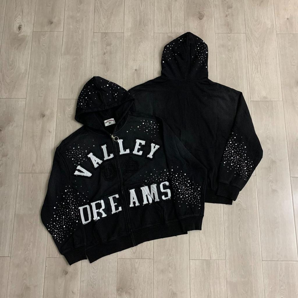Vale Classico Schwarzer Reißverschluss Hoodie Stoffstickerei Heißer Diamant Washed Hoodie Pullover
