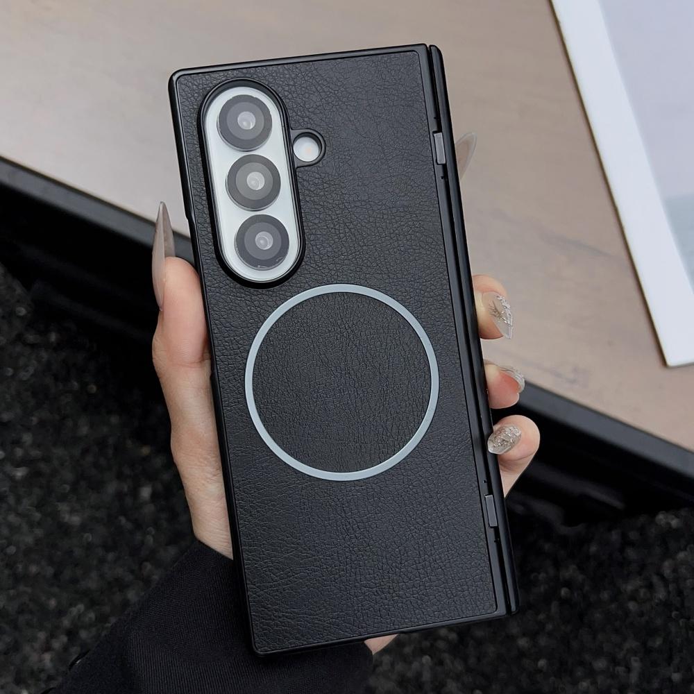 Luxury Leather Magnetic Hinge Phone Case For Samsung Galaxy Fold 7 6 5 4 3 5G Wireless Charge Hard Soft Silicone Bumper Cover