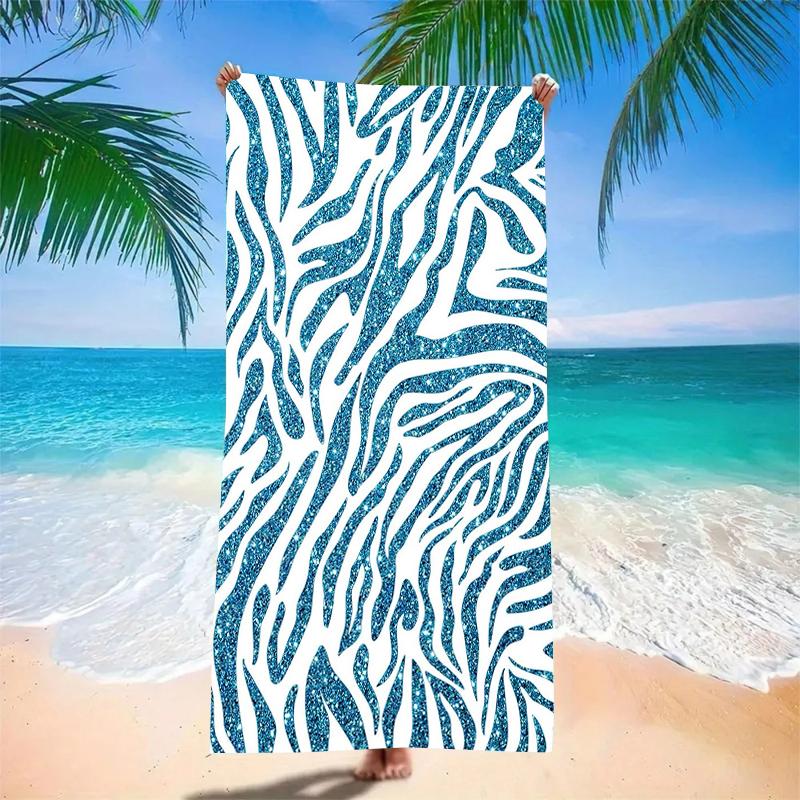Glitter Zebra Print Beach Towel Teal And White Animal Pattern Sparkle Finish Fashionable Design Soft Absorbent Towel