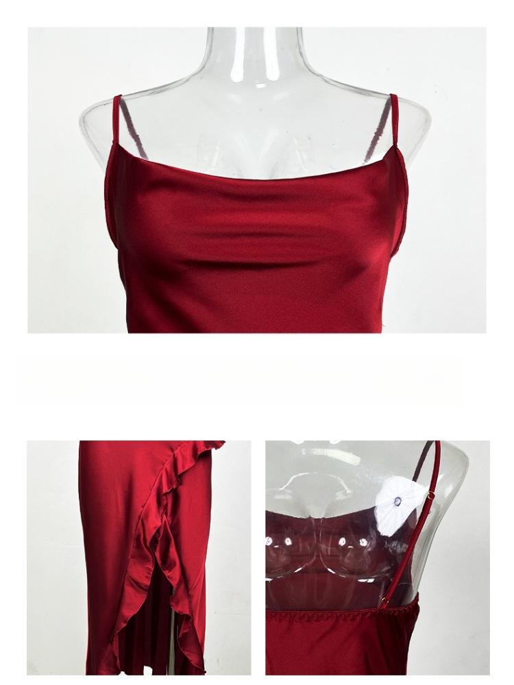 Women's Solid Color High Slit Nightgown Ruffle Trim Sexy Sleeveless Camisole Loungewear 635 Chic Versatile Sleepwear That Can Be Worn as a Mini Dress