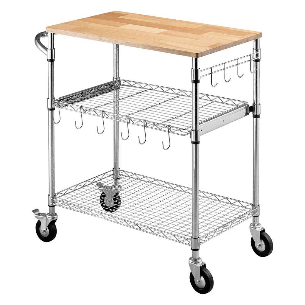 VEVOR Kitchen Utility Cart, 3 Tier Heavy Duty Adjustable Wire Storage Rack with Wood Tabletop and Handle Bar