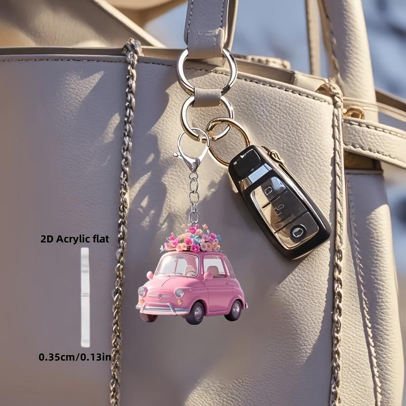 1pc, 2D Flat Fashion Pink Car with Flower Keychain for Backpack and Car Keys, Holiday Party Decorations, Perfect Gifts for Thanksgiving