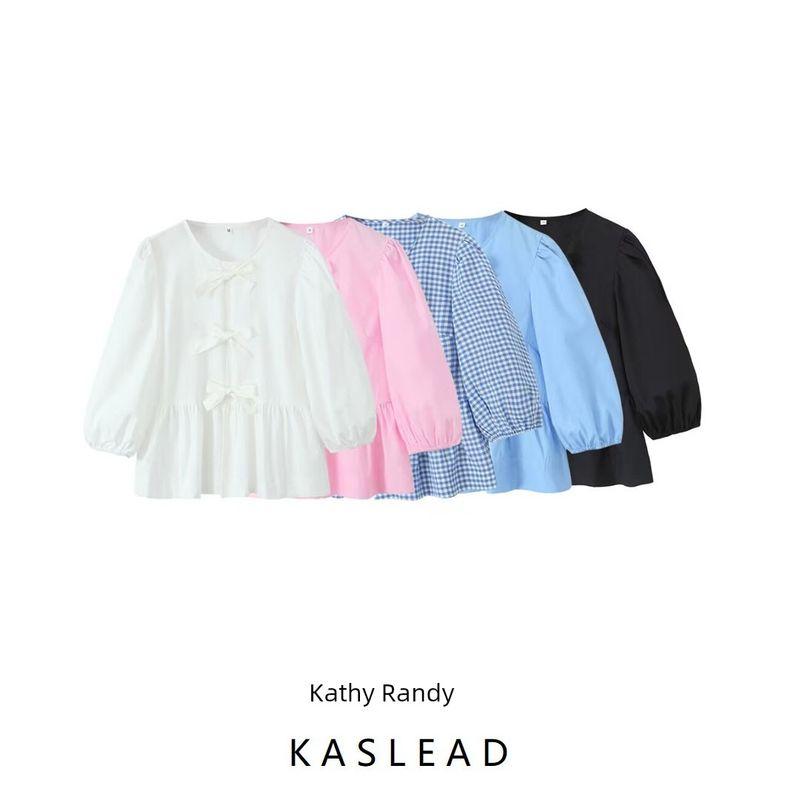 Kaslead New Arrival Women's Clothing Fashion Style Fashion Casual Minimalist Bowknot Long Sleeves Shoelace Small Top