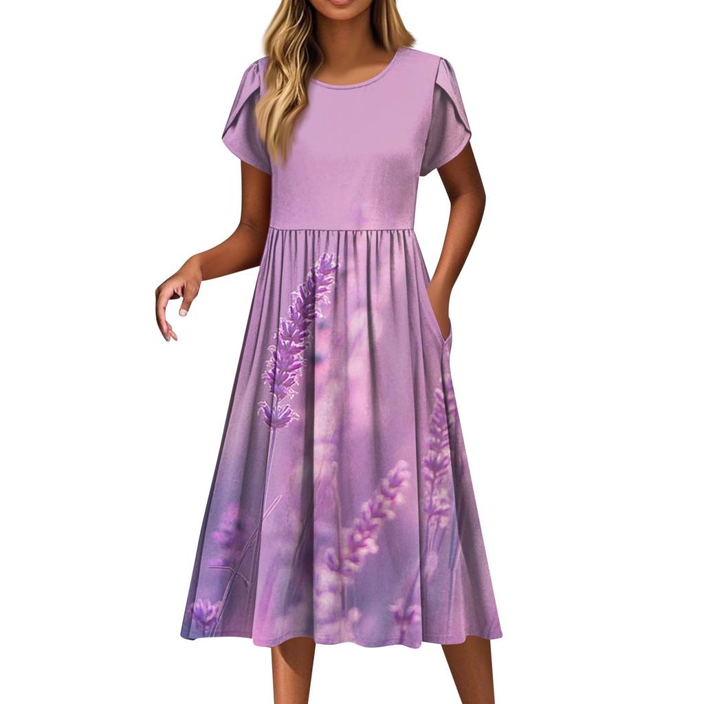 Dámské módní ležérní šaty s volným potiskem s kulatým výstřihem a kapsou s krátkým rukávem