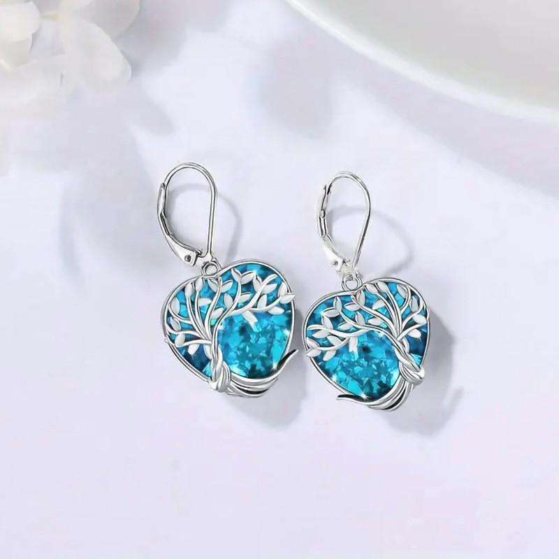 925 Sterling Silver Blue Crystal Heart Zircon Earrings For Woman Vintage Tree Shaped Engagement Charm Jewelry Gift