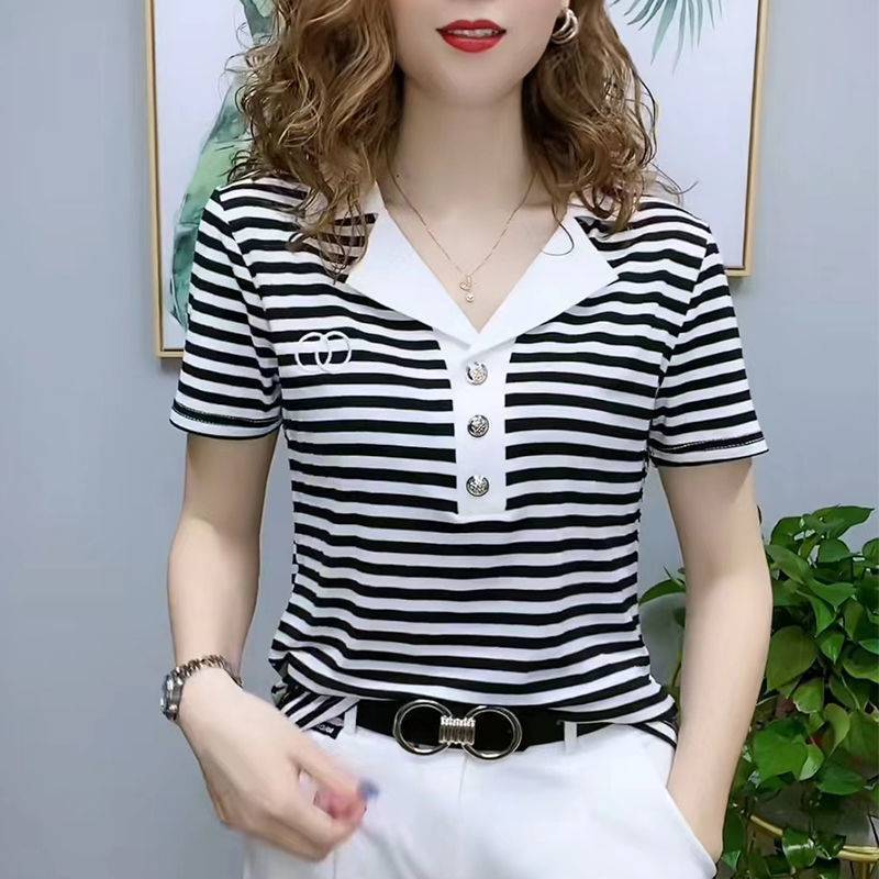 Suit Collar Top for Women In Summer New Korean Cotton Short-sleeved T-shirt for Women Slim Lapel Polo Shirt