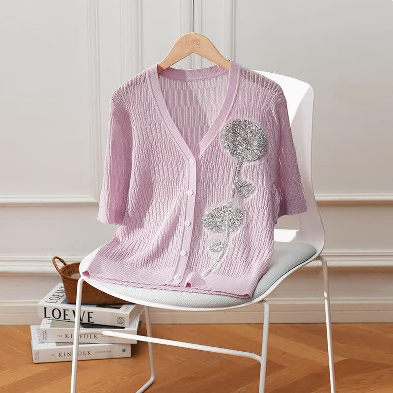 Bailuyu Women s Sequin Floral V-Neck Knit Cardigan XL