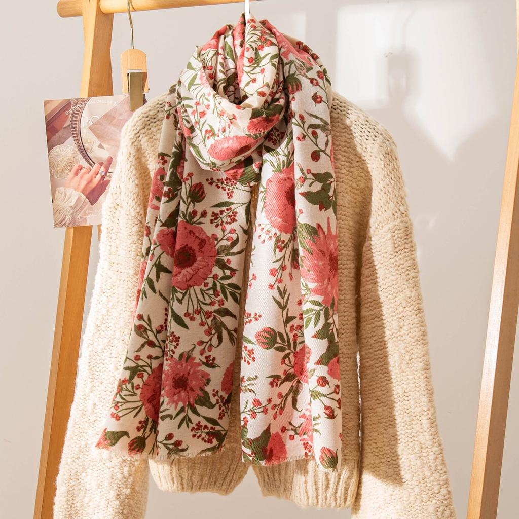 Pink Flower Print Women Winter Warm Scarf Hijabs Tassels Shawl Cashmere Pashmina Scarves Wraps