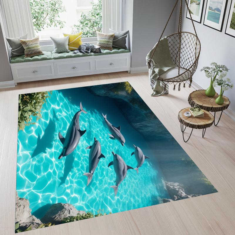 Dolphin Ocean Rug Coastal Entryway Doormat NonSlip Easy Clean Nature Home Decor Carpet for Living Room Bedroom Pet Friendly