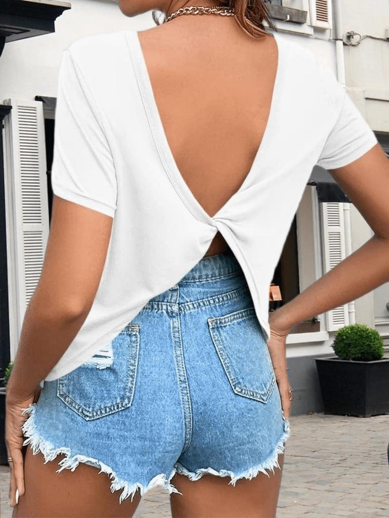Women's Twist Backless Short Sleeve Top Round Neck Curved Hem Casual Tee