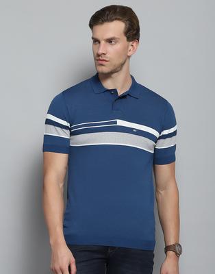Mens Self Design Blue Collar Neck Half Sleeve T-Shirt