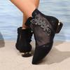 Fashion Luxury Glitter Flower Breathable Mesh Boots Women 2025 Summer Sexy Pointed Toe Low Heel Ankle Boots Side Zip Black Booties