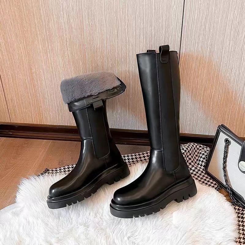 Snow Boots Women's Fur One-piece Warm Fleece Knee-length Boots High Boots Women's Cotton Shoes Leather Boots