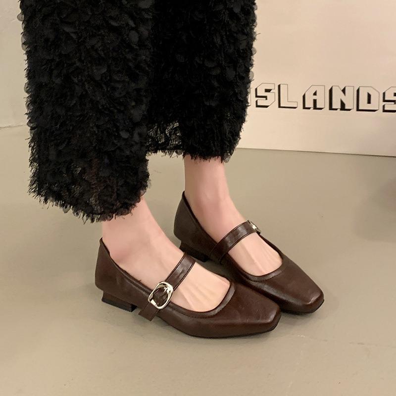 2025 Spring New Women Mary Jane Shoes Fashion Square Toe Shallow Ladies Middle Heeled Leather Shoes Elegant Women's Dress Shoes