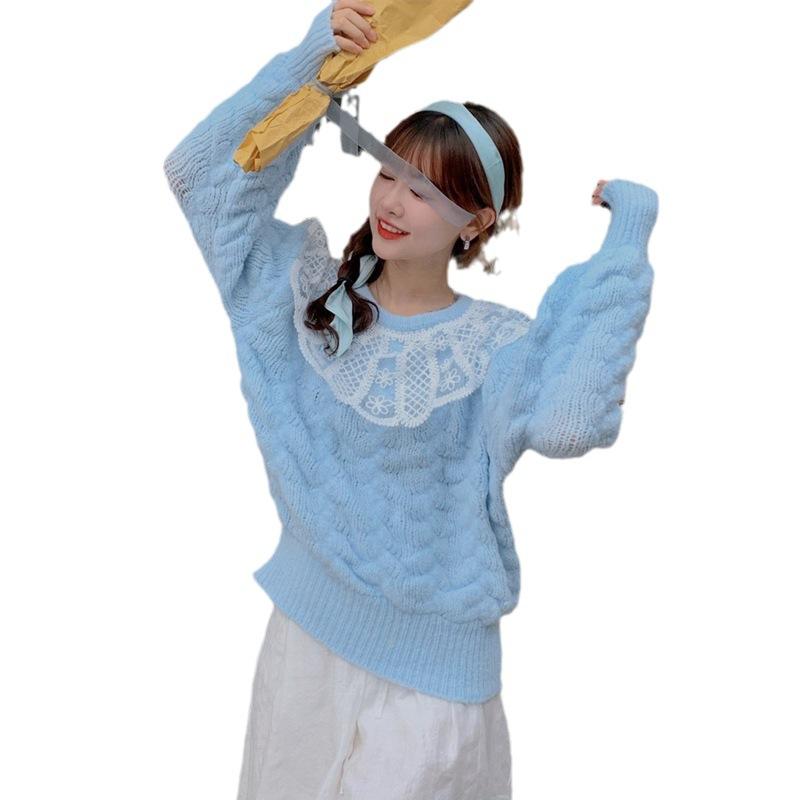 Casual Solid Knit Sweater Ladies V Neck Crew Neck Warm Daily Long Sleeve Blouse