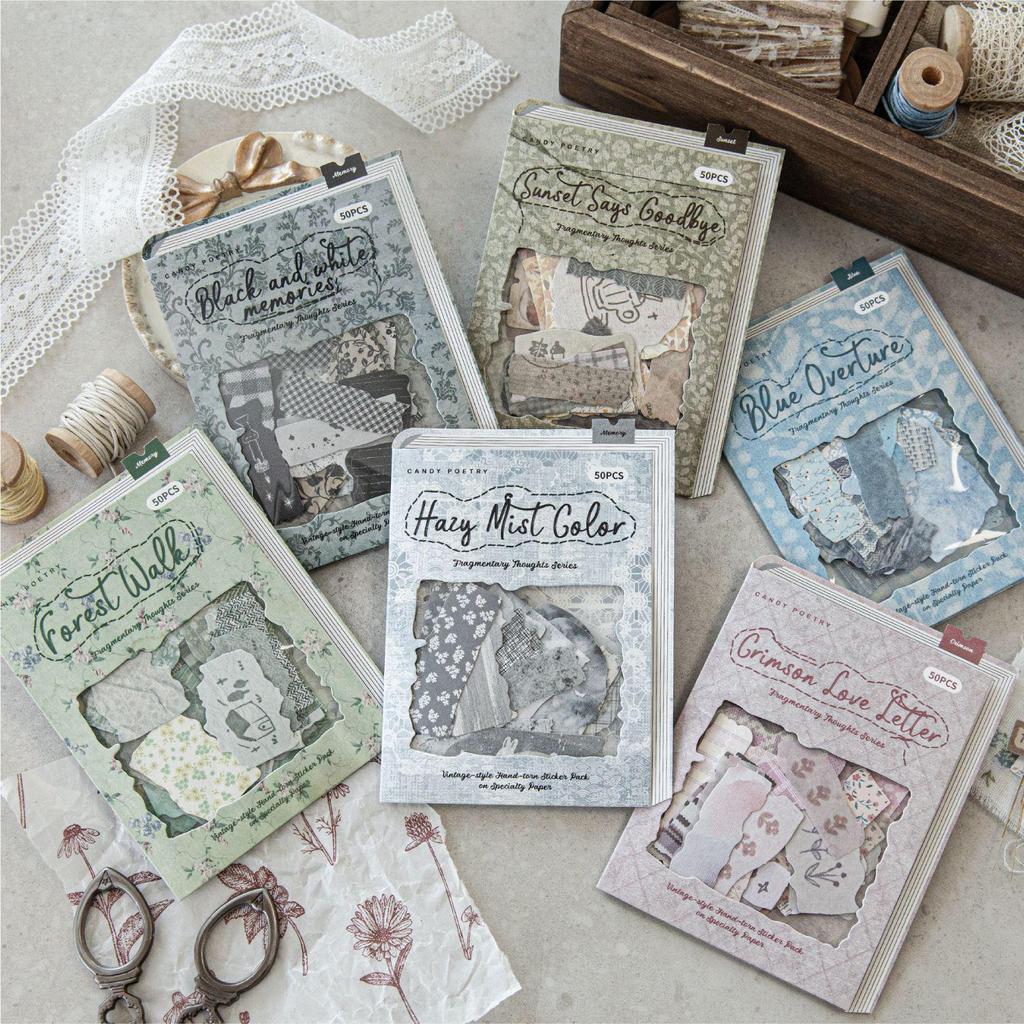 Retro Fragmented Fabric Hand-Tear Base Stickers: Sugar Poetry DIY Journal Collage Pack