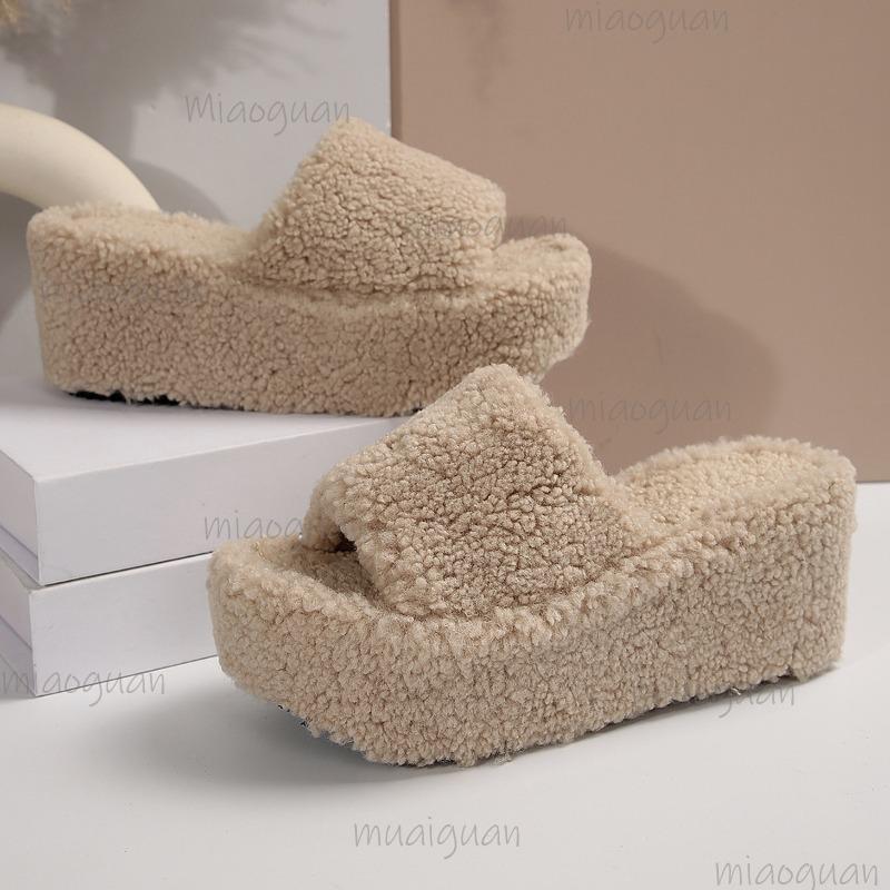 Fashion Platform Women's Slippers Wedge Fluffy Slides Fur Slippers for Women Winter Open Toe Indoor Shoes Comfortable Fashion Sandals