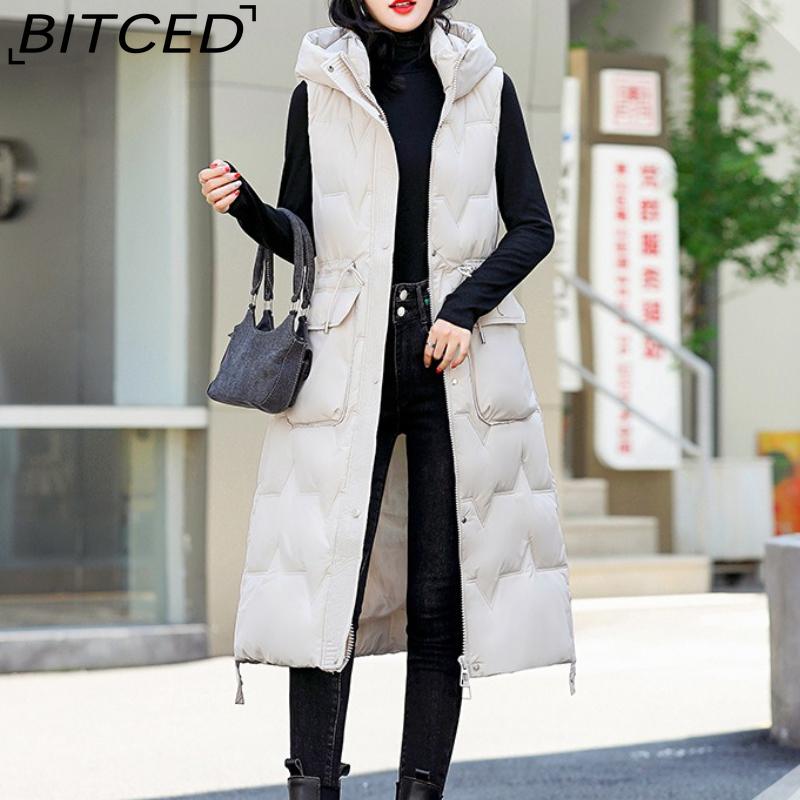 BITCED Women's Plus Size Long Down-Filled Quilted Vest with Hood, Thickened Sleeveless Coat for Autumn/Winter