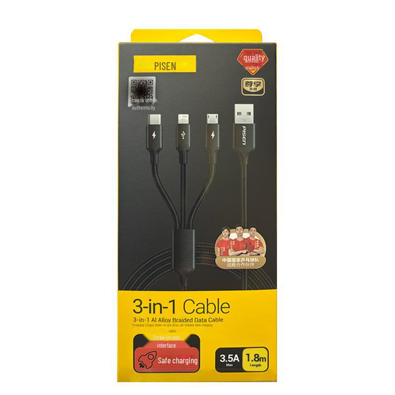 PISEN 3-in-1 Braided Aluminum Alloy Data Cable for Apple/Android/Type-C Devices