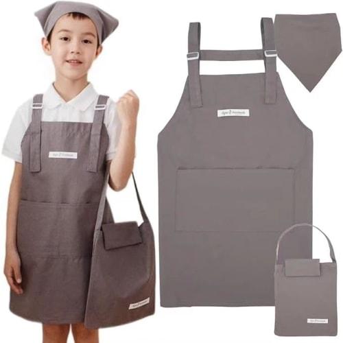 ANJOU Children's Apron with Triangle Scarf and Pouch, Waterproof, Simple, H-Shaped, Unisex, Nordic Design, Solid Color with Pockets, Suitable for Kind