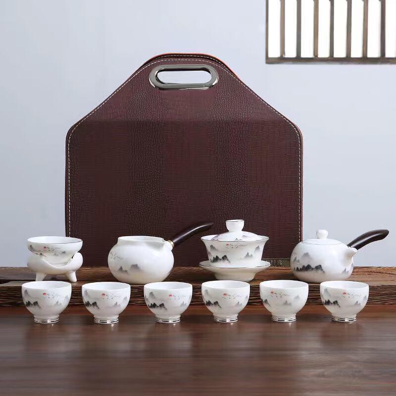 Mutton-Fat Jade Porcelain Tea Set with Glazed Blue Landscape