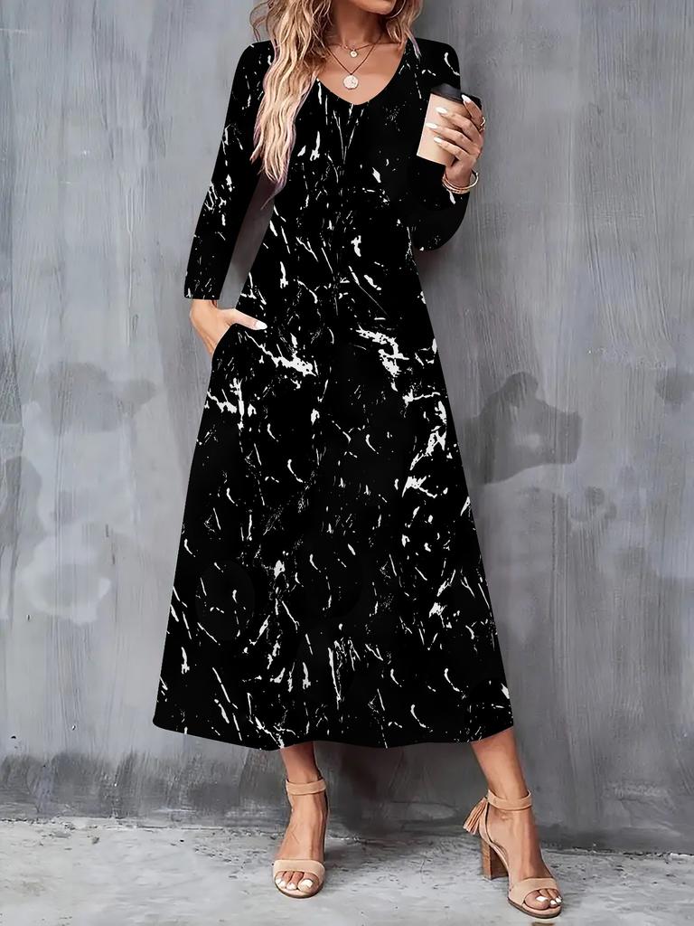 2025 Autumn and Winter New Women Casual Fashion Dress 3D Geometric Pattern Print Long Sleeve V-Neck A-Line Dresses