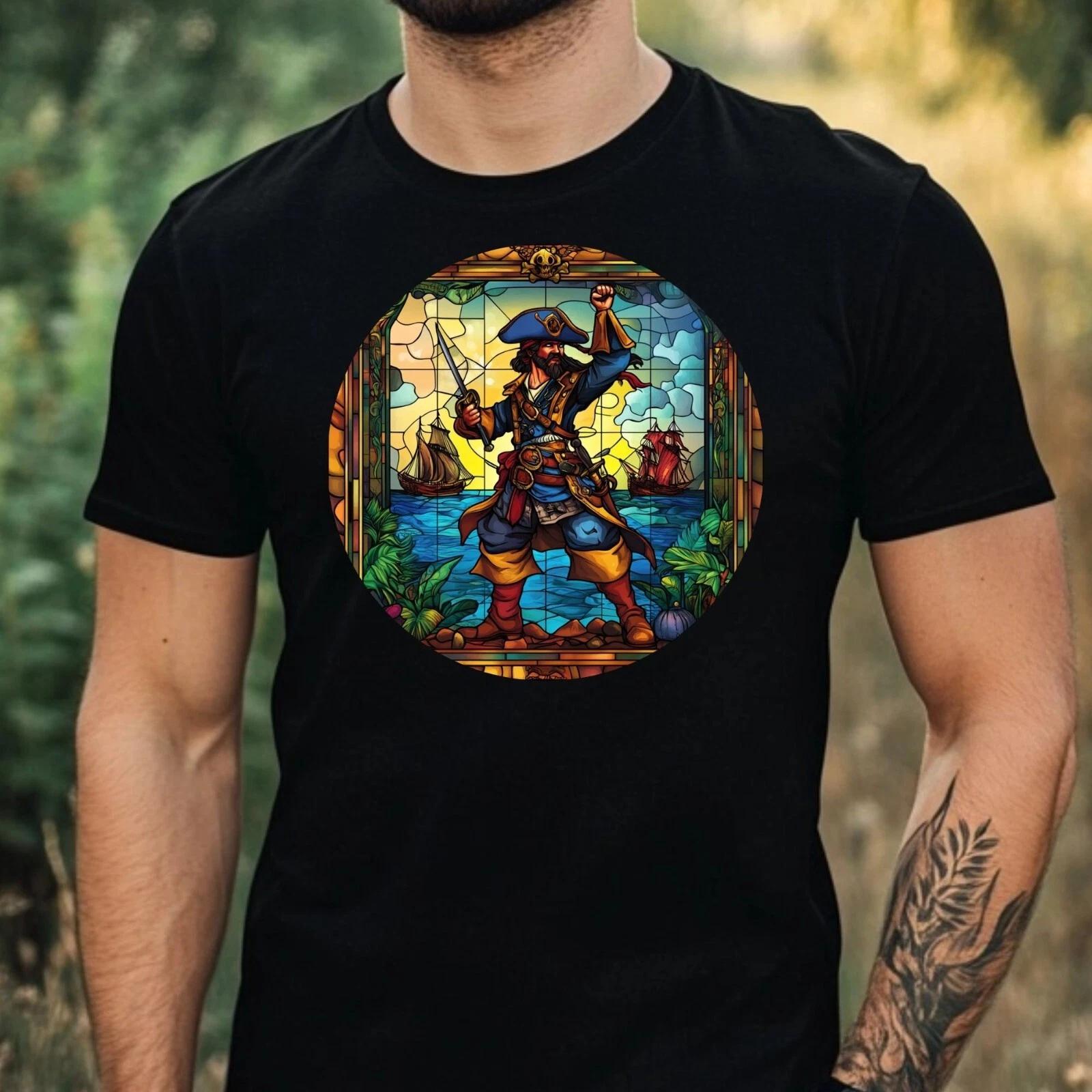 T-Shirt Herren Pirat Buntglas Motiv Baumwolle Größe XS bis 5XL M