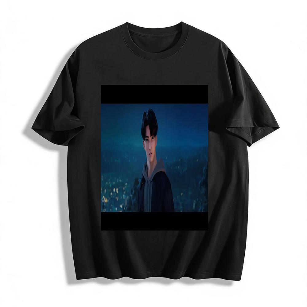 Handsome Anime Guy Print Casual Top Urban Night View Style Loose Pullover For Daily Streetwear Pure cotton T-shirt