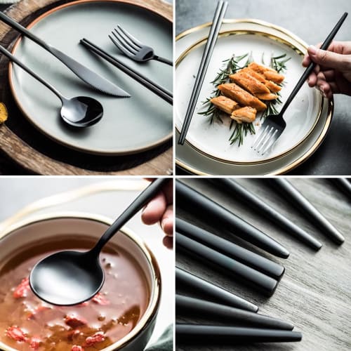 Hive Mind Nordic Style Cutlery Assortment Set (4 Pieces): Spoon, Fork, Knife, and Chopsticks