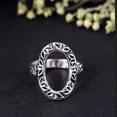 Oxidized Silver Open Oval Ring | Detailed Floral Statement Ring | Boho Leaf Frame Jewelry | Handmade Adjustable Vintage Gift