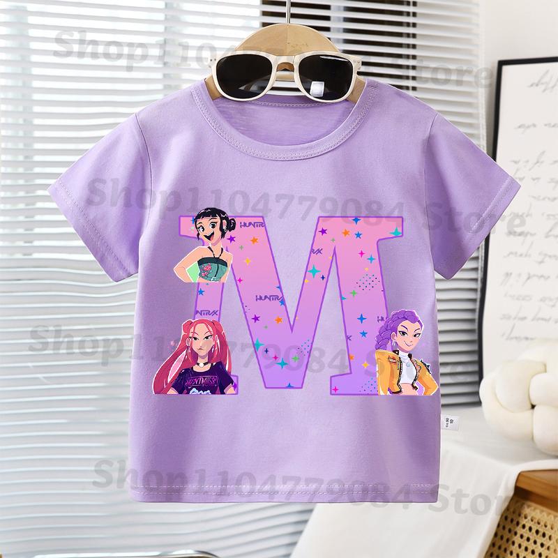 K-pop Demon Hunters Kawaii T-shirts for Children Cartoon Letter A-Z Printed Short Sleeves Top Boys Girls Summer Fashion T-shirt