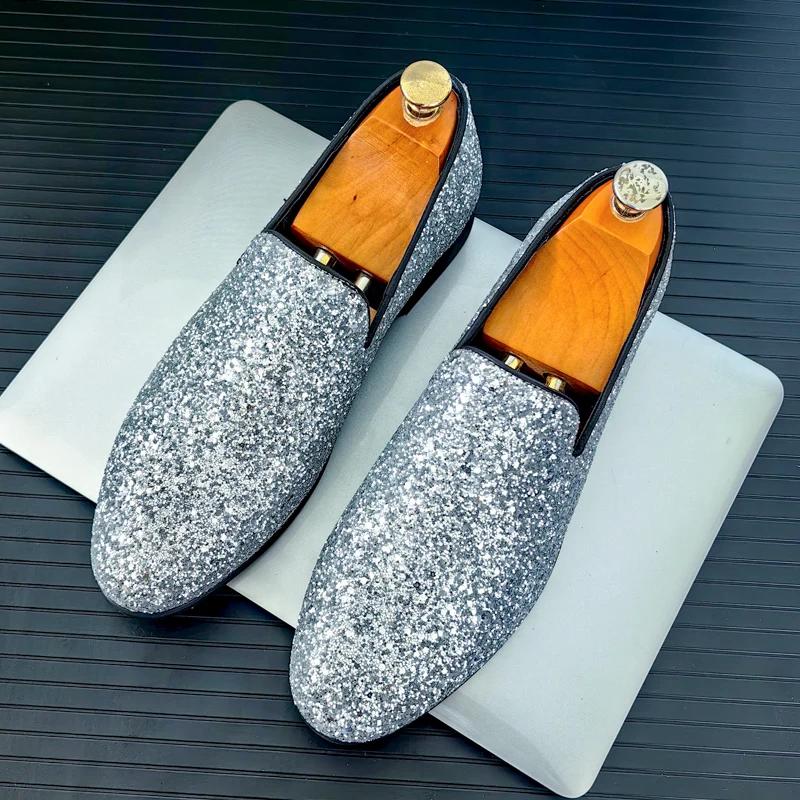 Luxury New Designer New Men's Gold Silver Glitter Sequin Loafers Casual Shoes Men Formal Wedding Dress Homecoming Shoes for Men