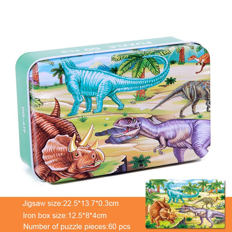 60 Pcs/Set Kids Wooden Puzzle Cartoon Animal Vehicle Dinosaur Pattern Jigsaw with Iron Box Baby Early Educational Toys Gift