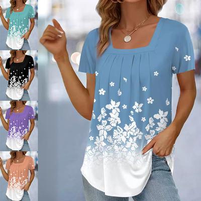 Damen T-Shirt mit V-Ausschnitt, locker sitzend, Blumenmuster, plissiert, kurzärmelig, lässig, für den Sommer