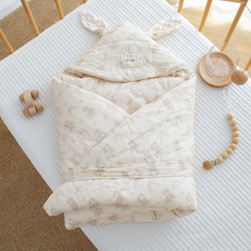 Dvouvrstvá gázová fazolová čepička s potiskem pro novorozence, dlouhé uši, zavinovačka do porodnice, držení jednotlivě, silné novorozenecké dítě