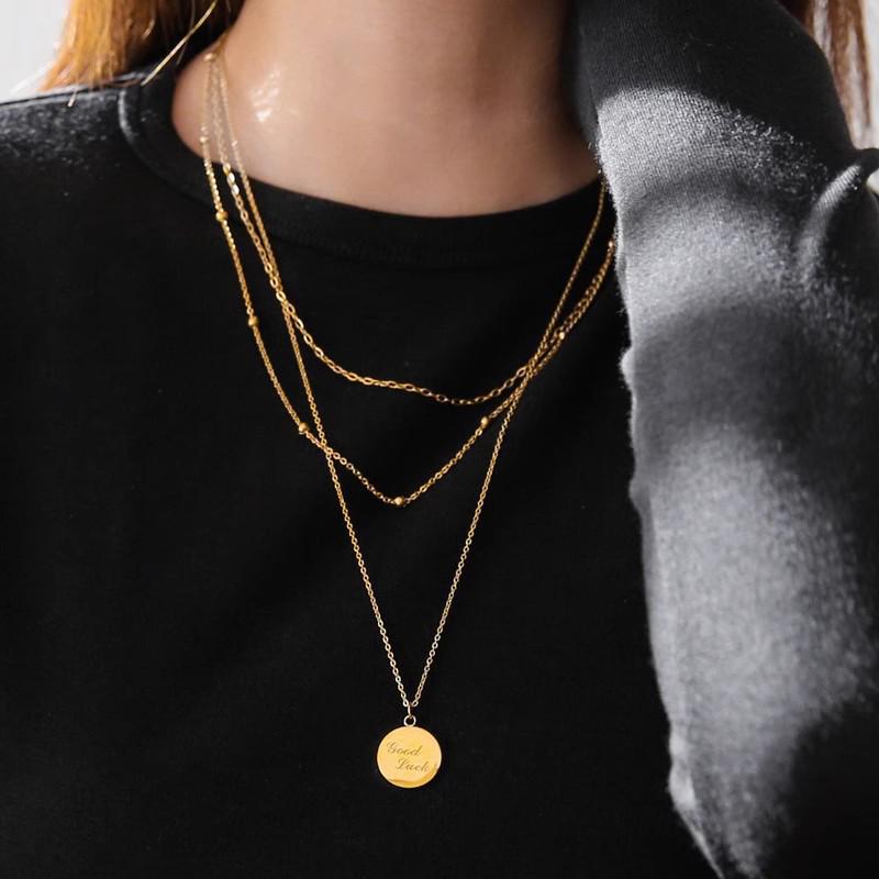 Goodluck Multilayer Light Gold Necklace - European/American Style Titanium Steel Women's Clavicle Sweater Chain