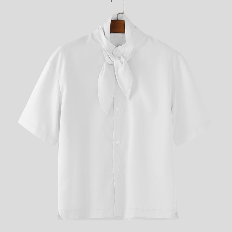 INCERUN Oversized Men Tie Neck Solid Color Buttons Casual Shirts