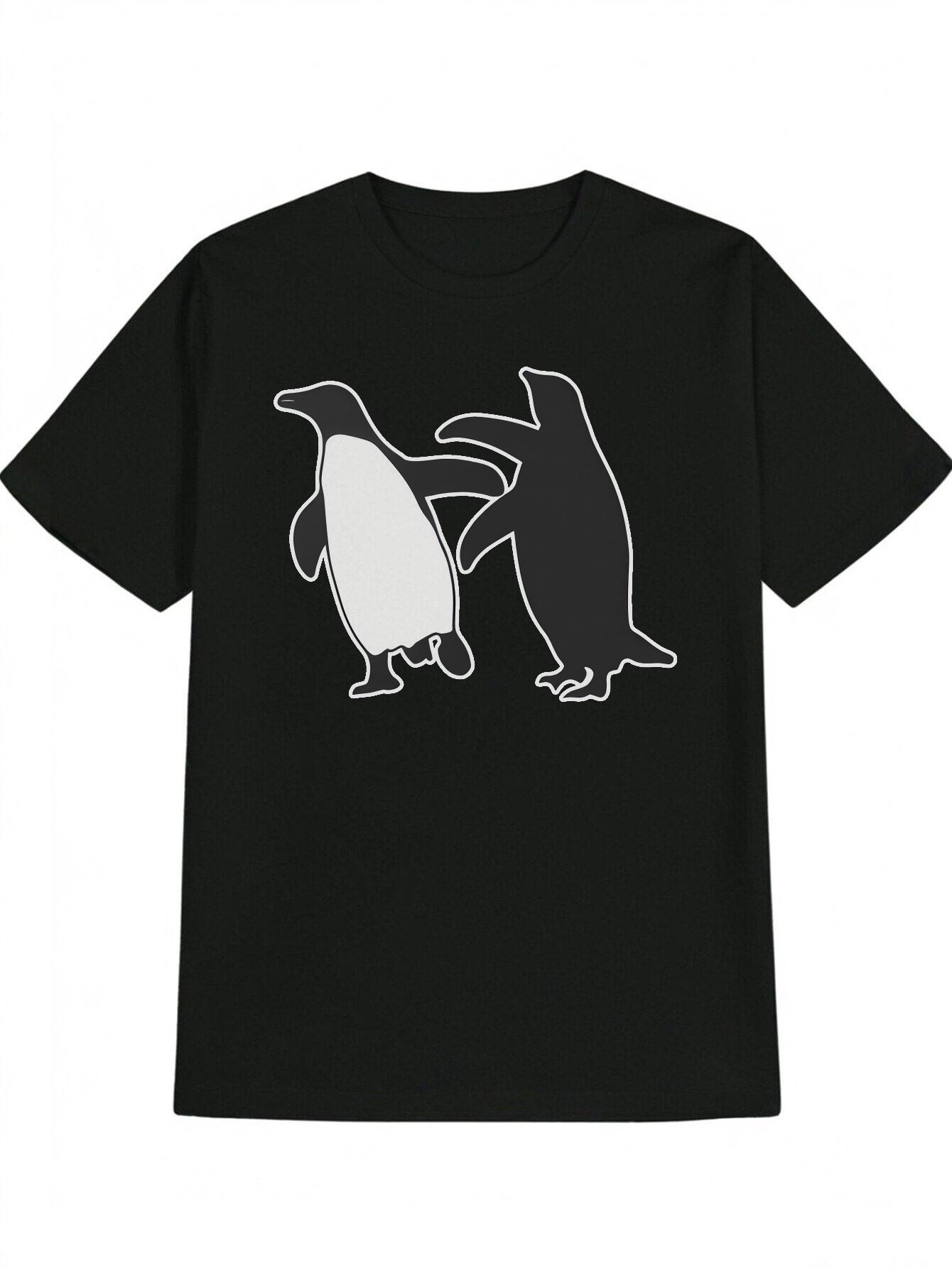 Casual Crew Neck T-shirt with Penguin Graphic - Black S