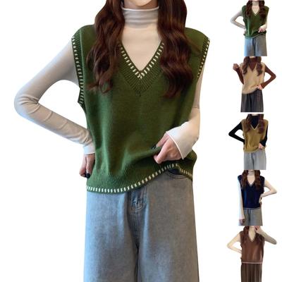 Women's V Neck Sleeveless Sweater Vest Casual Solid Color Cap Sleeve Knitted Pullover